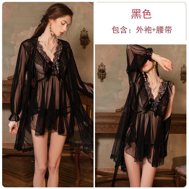 Women's Plus Size Sheer Mesh Bow Backless Sleep Dress with Robe Lingerie Set