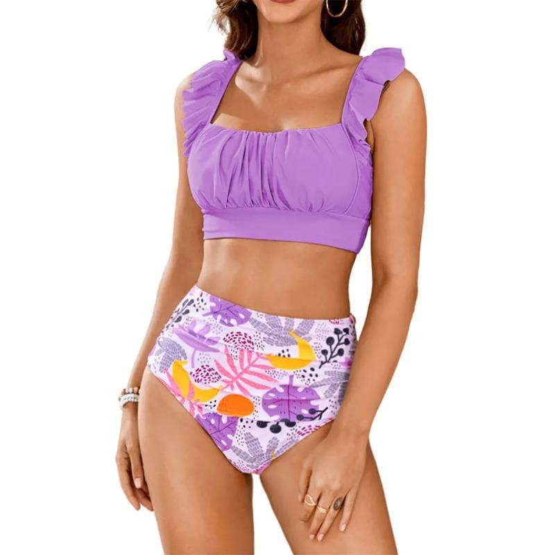 Women 2 Piece High Waisted Bikini Set, Floral Ruffle Tummy Control Swimsuit, Ruched Modest Full Coverage Bathing Suit