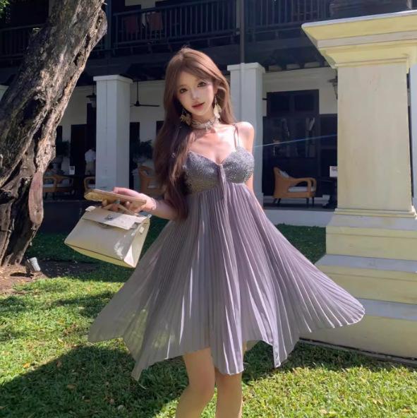 

Women s High-End Socialite Camisole Dress with Rhinestones, Open Back, Wide Waist, Long Flowy Skirt - Perfect Little Black Birthday Dress Medium