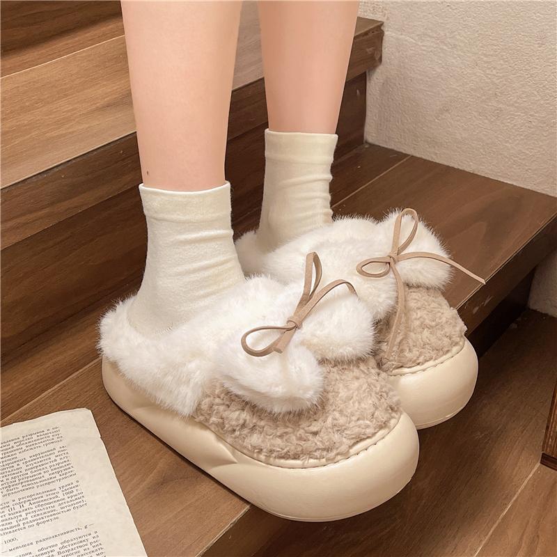 fashion Bow Fur Slippers for Women Comfortable Flat Thick Sole Household Cotton Shoes 2024 Winter New Women's Plush Warm Slippers