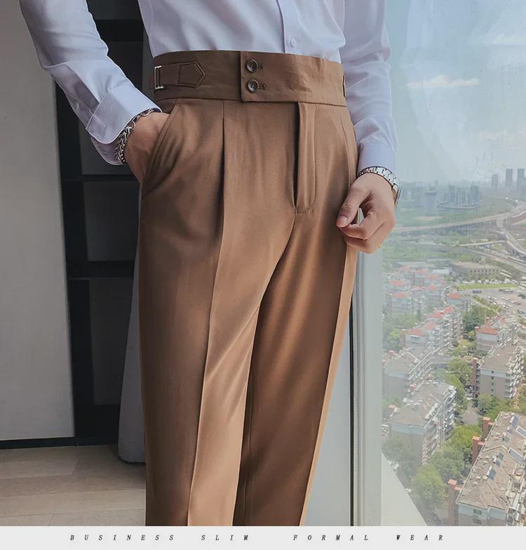 Men's Brown Slim Fit High-Waist Trousers - Naples Collection (Nine-Point, Straight Drape, Business Casual)