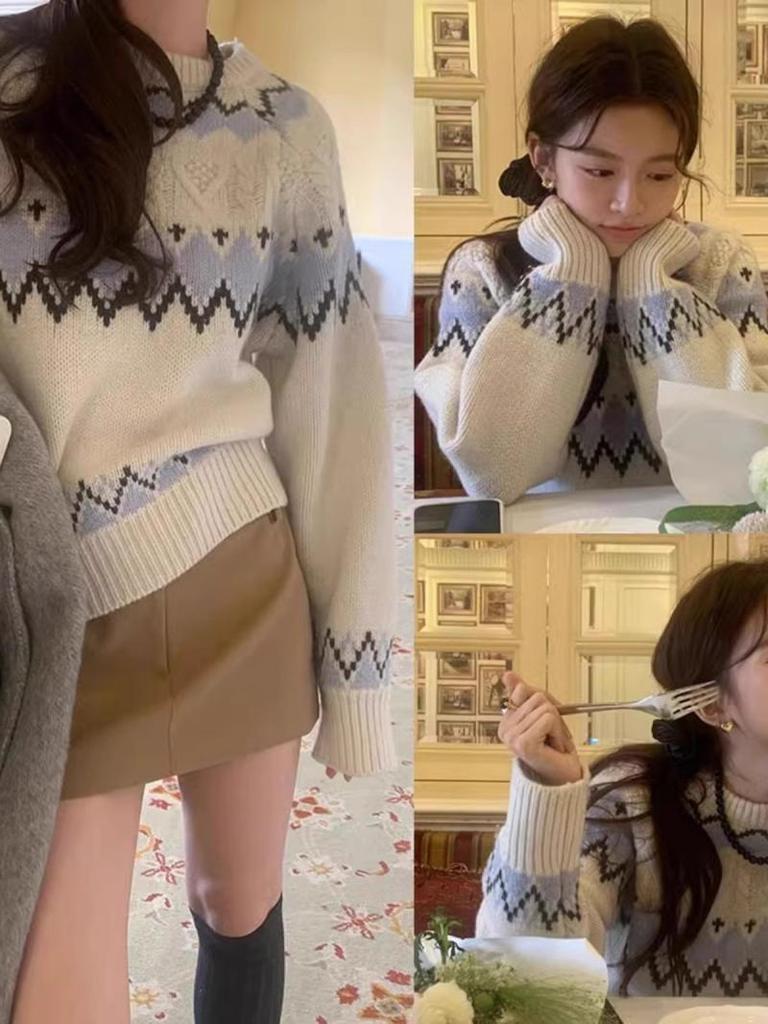 Women's Retro Color Block Jacquard Sweater - Autumn/Winter 2023 Soft Cable Knit Long Sleeve Top