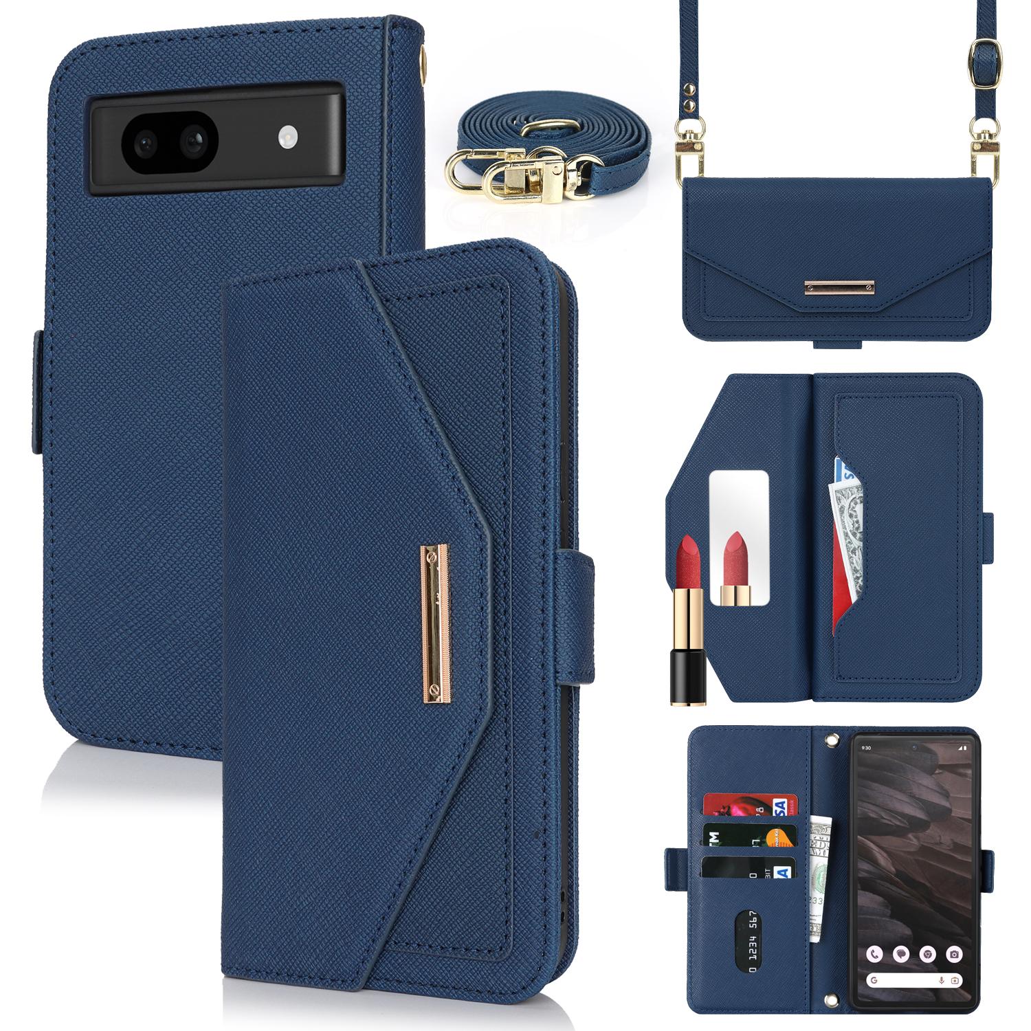 

For Google Pixel 7a Stand Case Cross Texture PU Leather Wallet Phone Cover with Shoulder Strap/Makeup Mirror Blue