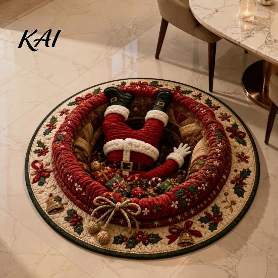 Kerstfeest Woondecoratie Ronde Kerst 3D Vloerkleed, Optische Illusie Vloerkleed Kerstman Kabouter Gewatteerd-achtig Comfortabel Blote Voeten Vloermat Antislip