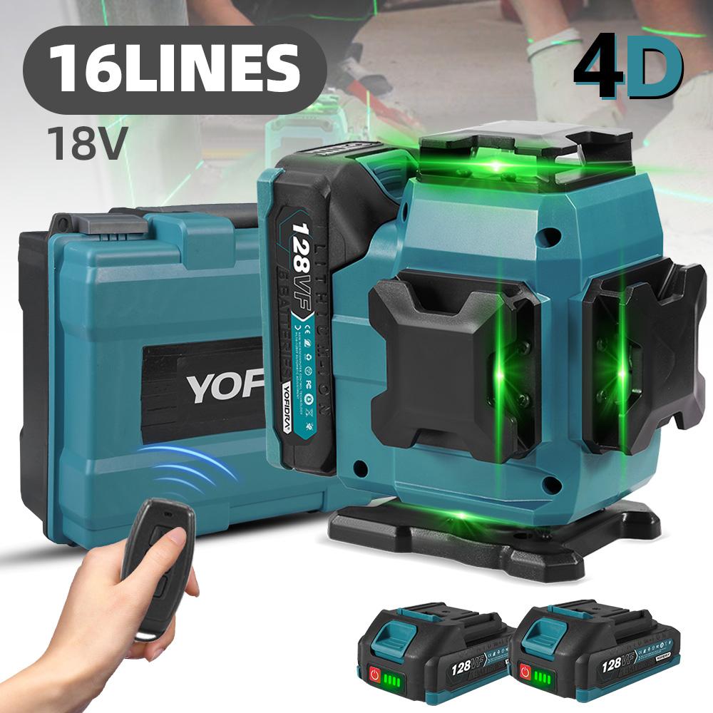 Yofidra 16 Lines 4D Laser Level Automatic 360 Horizontal Vertical Self-leveling Ultra Powerful Green Beam For 18V Battery