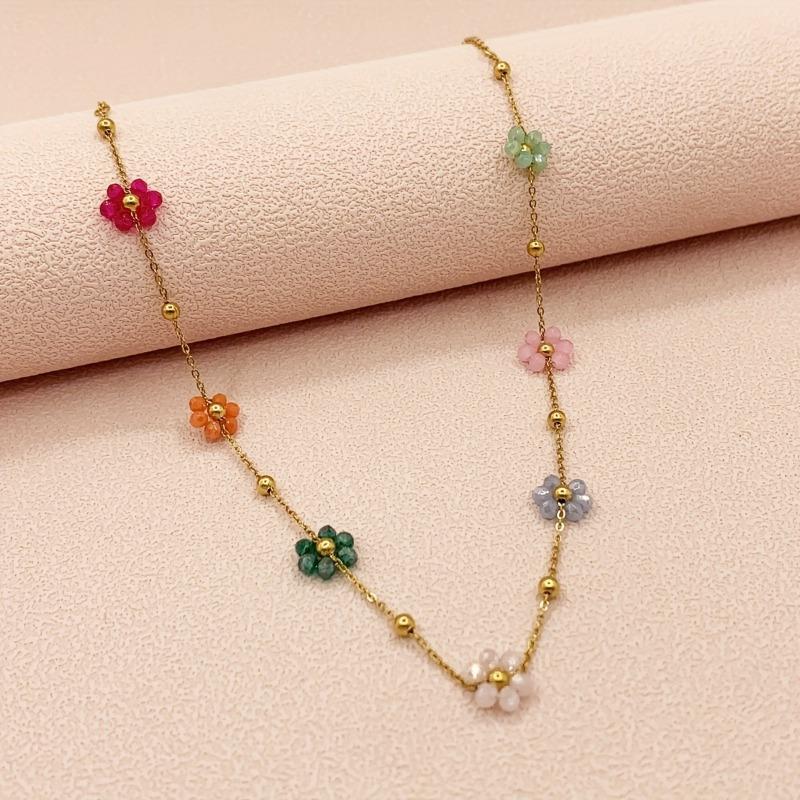 2 Pieces/set of Gold Color Chain Colored Flower Necklace Bracelets, Suitable for Ladies' Sweet Daily Party Jewelry Gifts