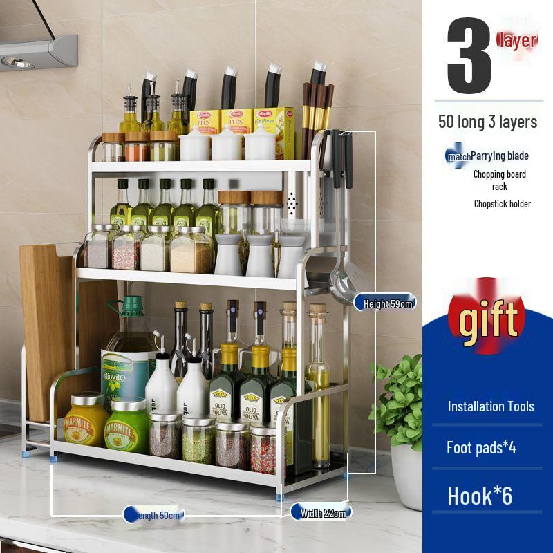 Stainless Steel Multi-layer Kitchen Rack: Spice, Knife Holder & Storage