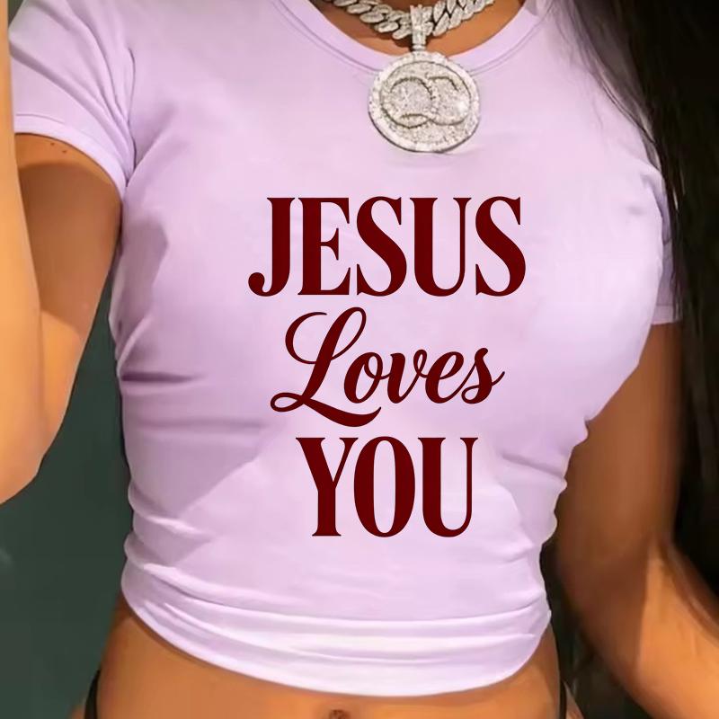 Women's Letter-style Sexy Cropped Top, Printed with 'Jesus Loves You', 90s Retro Graphic T-shirt, Crew Neck Short Sleeve Cropped T-shirt