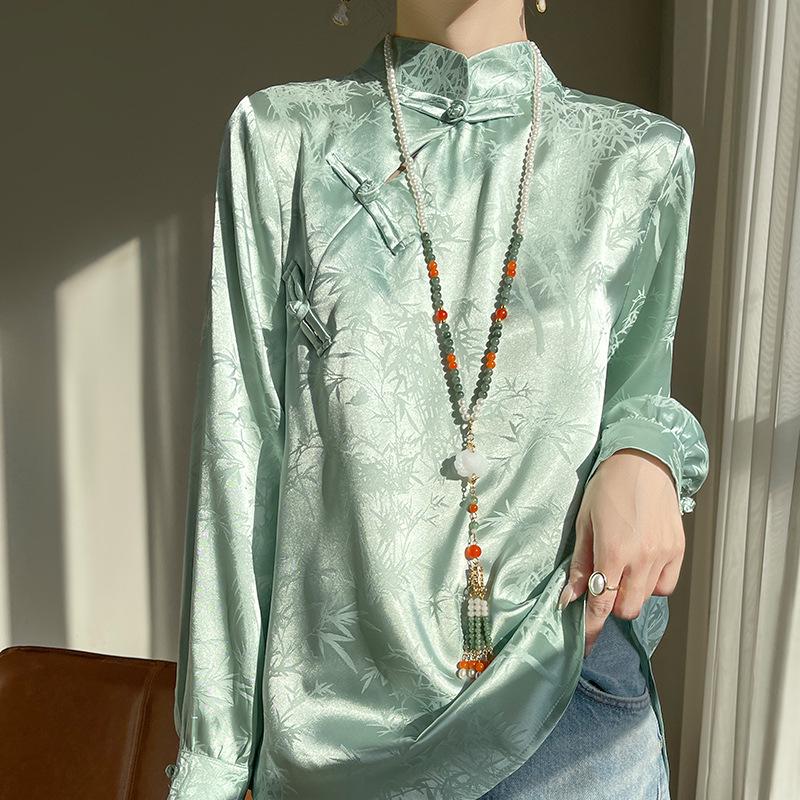 2024 Spring/Summer Women's Chinese Style Satin Jacquard Stand Collar Shirt
