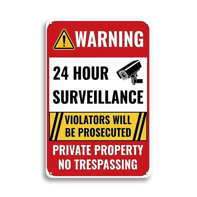Vintage Tin Sign Retro Warning Metal Sign Video Surveillance Signs No Trespassing Sign Poster For Garage Home Man Cave Wall Deco