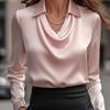 Women's Cowl Neck Blouse Long Sleeve Draped Slim Fit Elegant Office Shirt