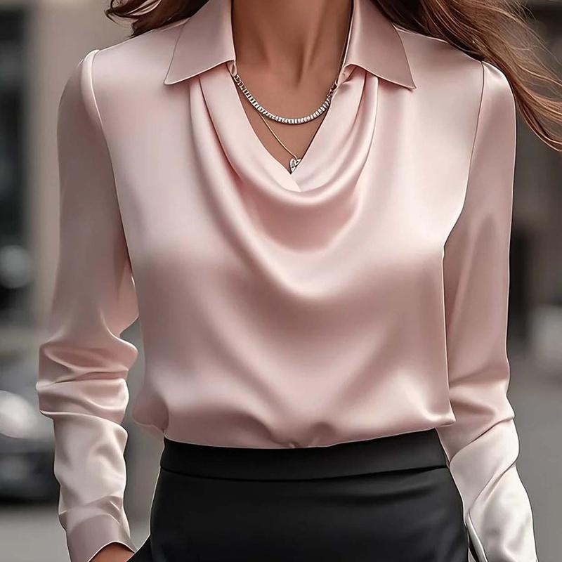 Women's Cowl Neck Blouse Long Sleeve Draped Slim Fit Elegant Office Shirt