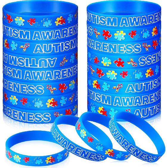 MTLEE 96 Pack Autism Bracelet Colorful Puzzle Pieces Ribbons Motivational Rubber Wristbands Autism Awareness Silicone Bracelets for Men Women Party
