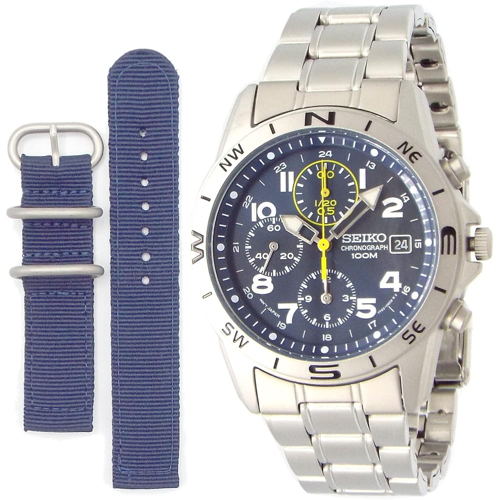 Seiko Men s Chronograph Watch Navy Yellow Military Style Strap 100m Water Resistant