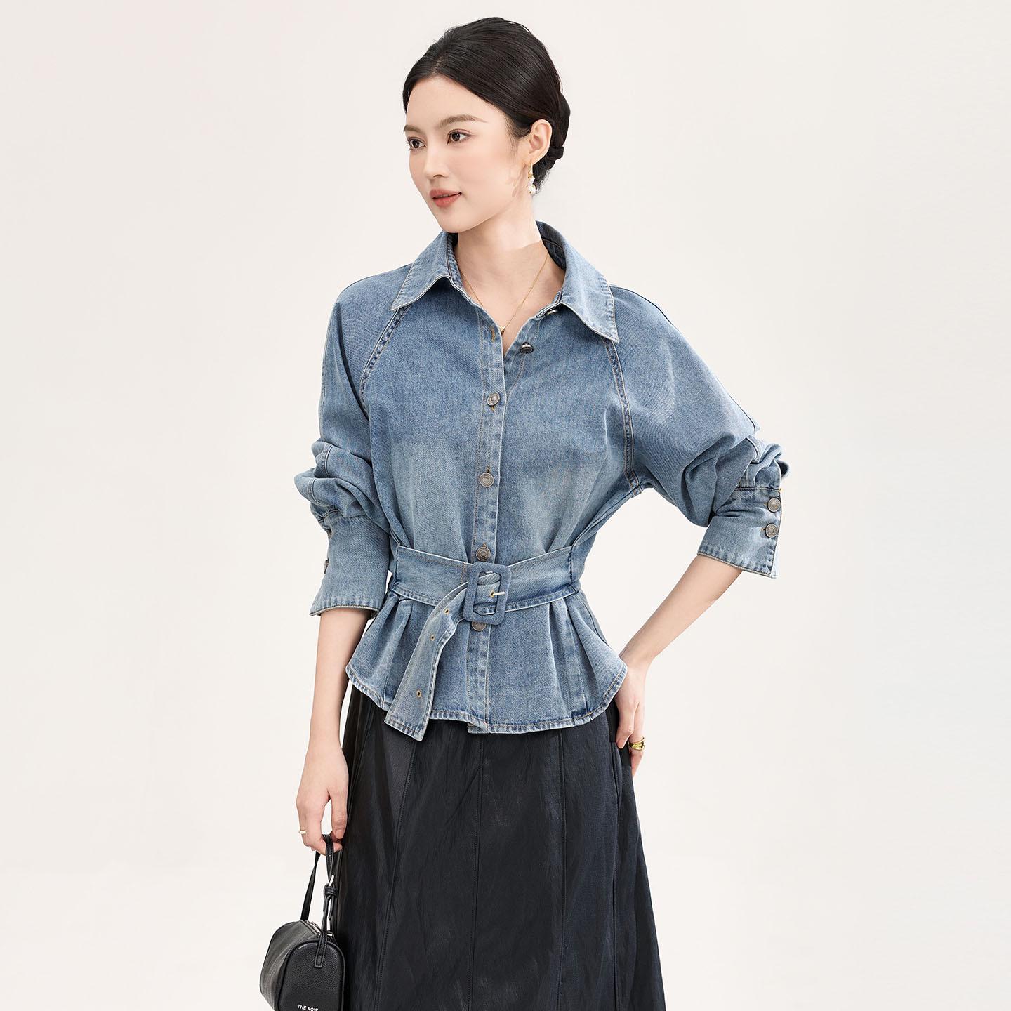 High-Quality Retro Bleached Lace-Up Denim Shirt - Early Spring Long-Sleeve Top M джинсовый синий
