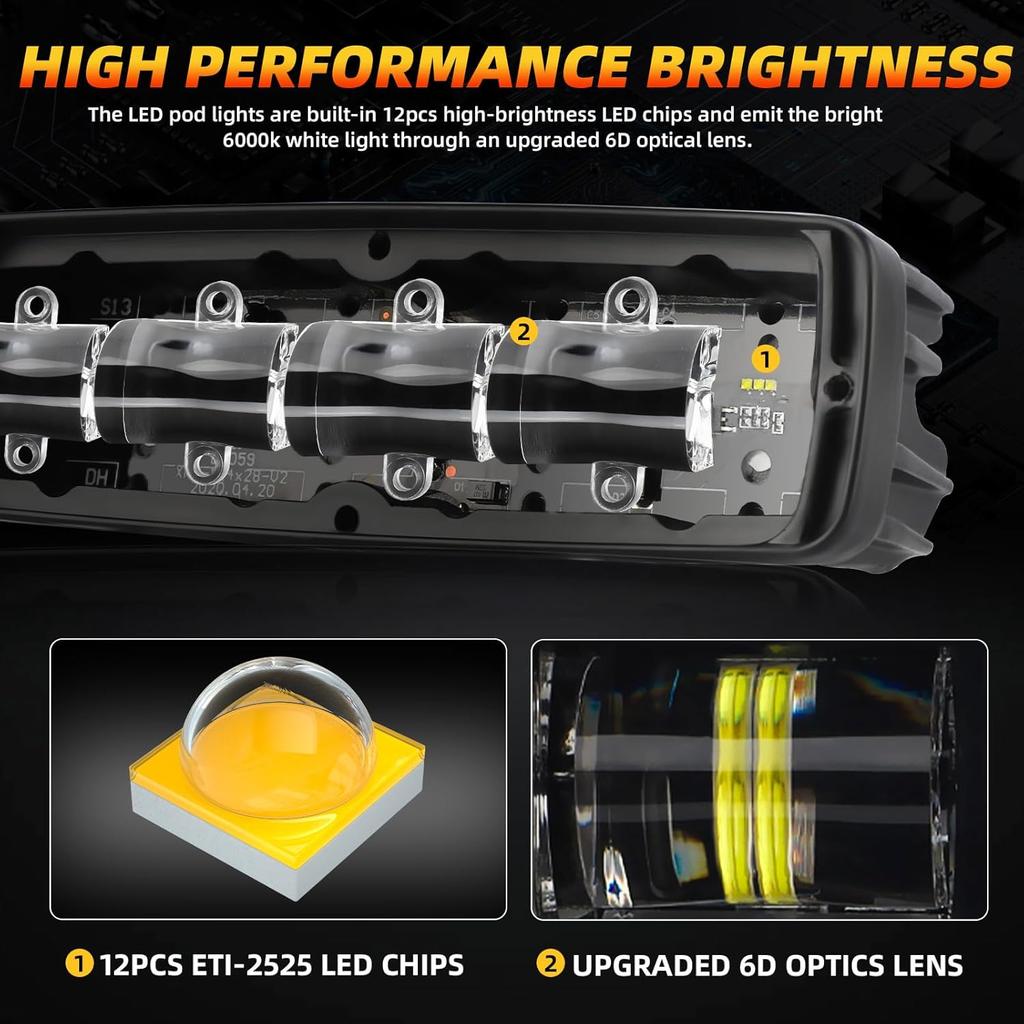 DERI 6 Inch LED Light Bar, 2PCS 6000LM Spot Slim Light Pods With Cutoff Line, Off Road LED Driving Fog Reverse Backup Light Bar For Truck Pickup Car