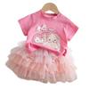 Girls Summer Pink Short Sleeve Sweet Outfit Set With Stylish Tulle Tutu Skirt Two Piece Clothing For Kids