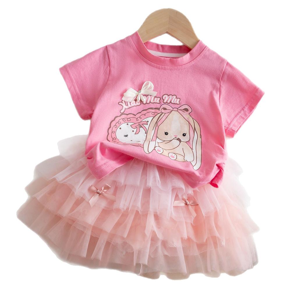 Girls Summer Pink Short Sleeve Sweet Outfit Set With Stylish Tulle Tutu Skirt Two Piece Clothing For Kids