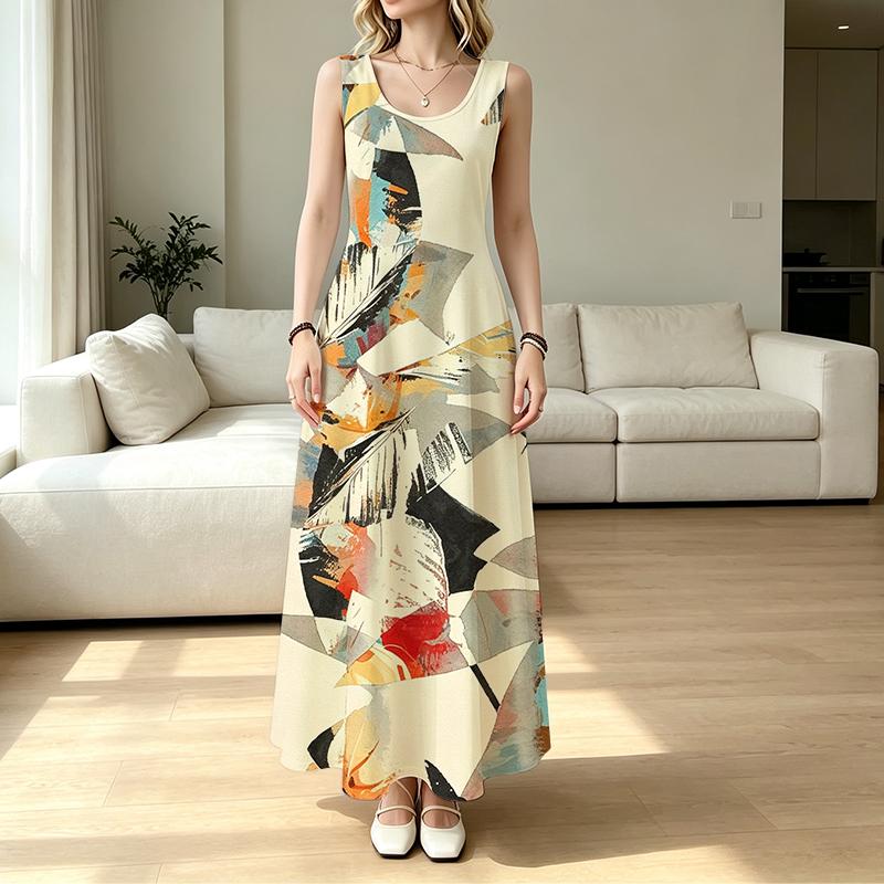 Summer Casual Abstract Art Sleeveless Maxi Dress,Loose Lightweight Flowy Flattering for Pool Vacation Versatile Style