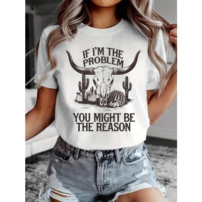 European sizesIf I Am The Issue, Summer Fashion Features a Casual Women'S Short-Sleeve Shirt with a Desert Cactus And Bull Head Print.