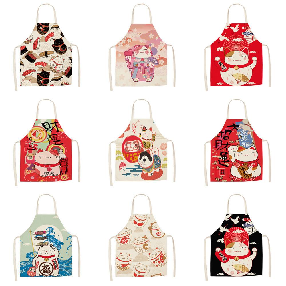 Japanese Lucky Cat Apron With Waterproof Linen Material For Kitchen Cooking And Baking