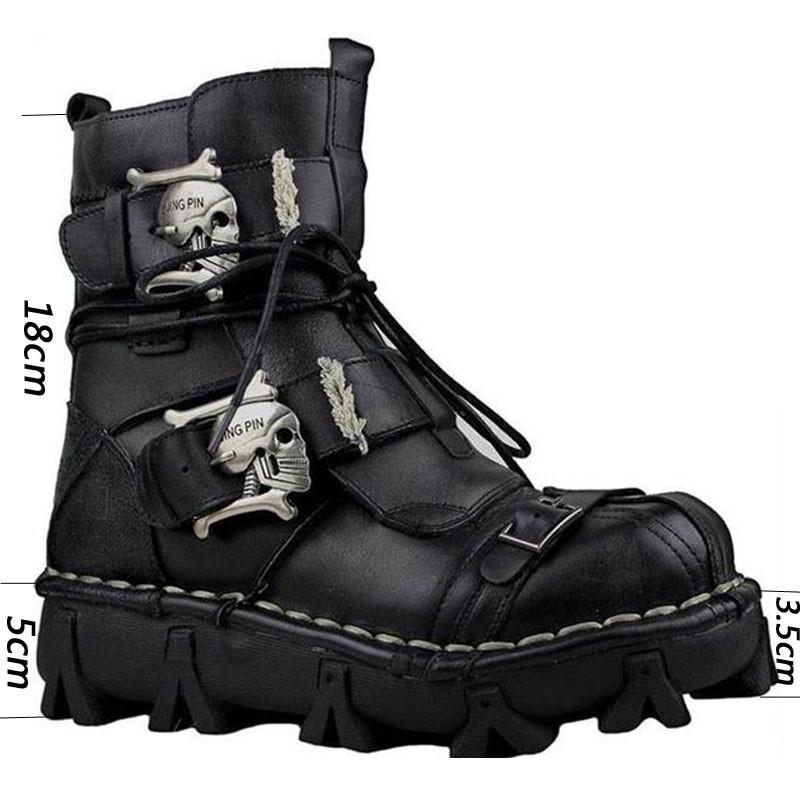 Men Cowhide Genuine Leather Work Boots Gothic Skull Punk Motorcycle Boots