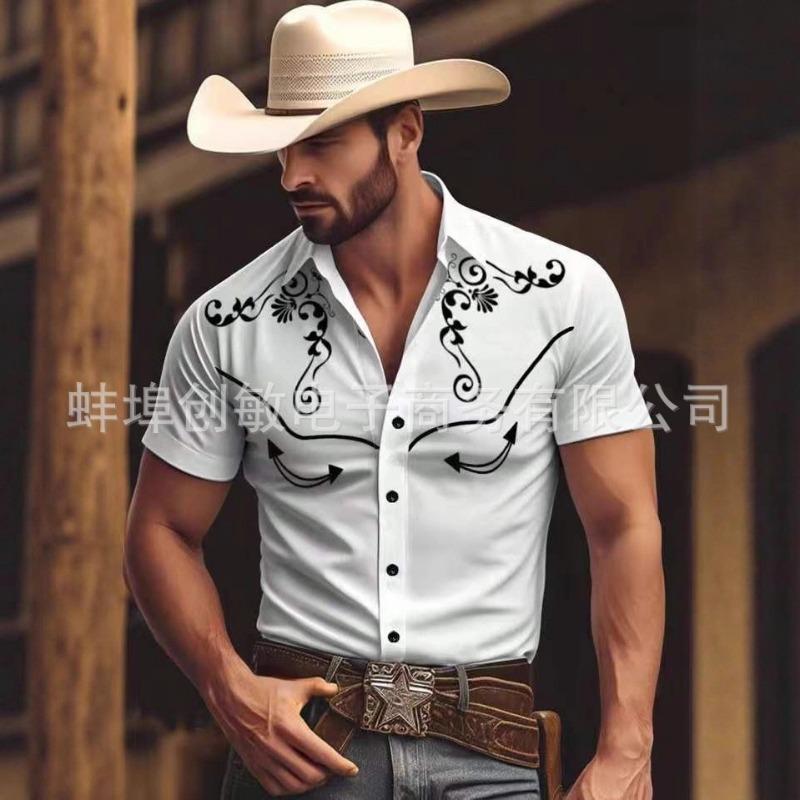 Men's Red Western Style Embroidery Short Sleeve Summer Shirt