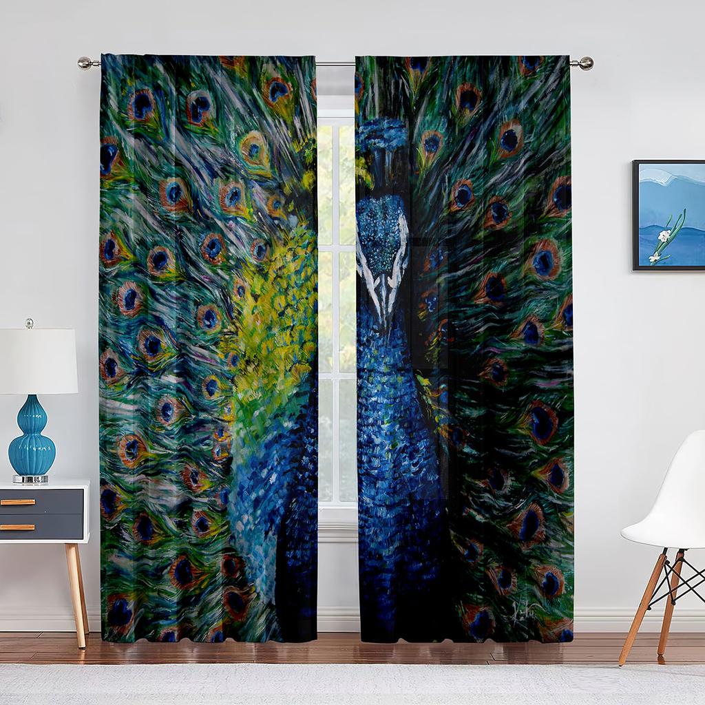Color Oil Painting Peacock Curtains for Living Room Bedroom Kitchen Decor Modern Transparent Window Curtains 2pcs Rod Pocket