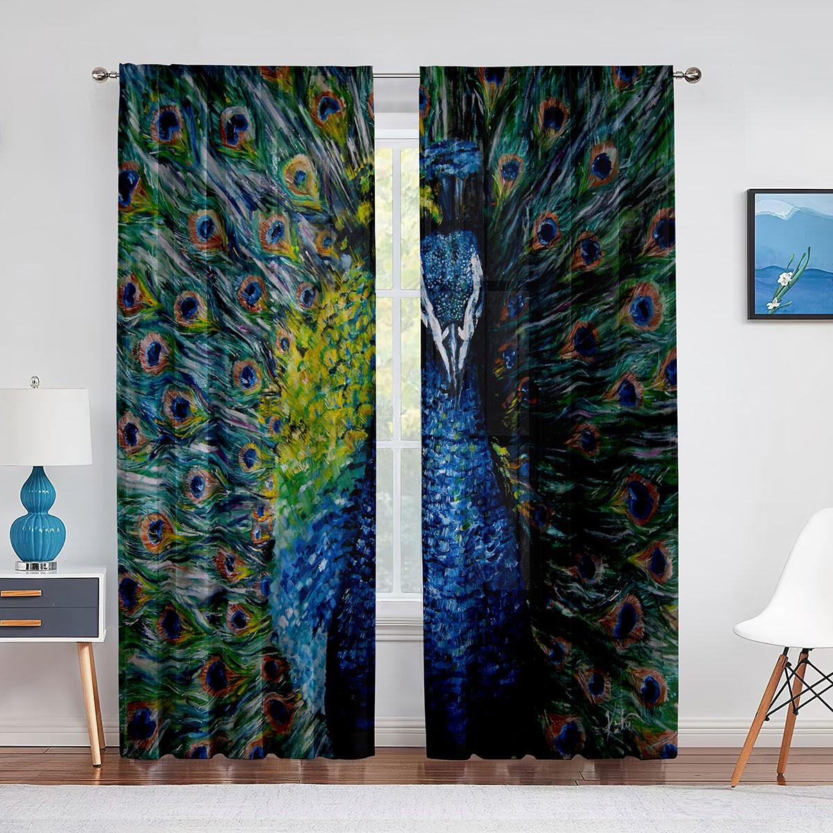 

Цветная картина маслом павлина, прозрачная вуаль, шторы для гостиной, спальни, кухни, декор, современные прозрачные тюлевые оконные шторы 1 PCS W100XH250cm&Grommet Top