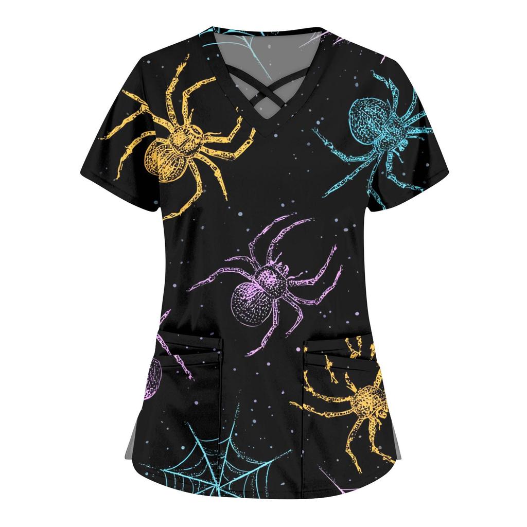 Women's Fashion Cross V Neck Short Sleeve Overalls Double Pockets Halloween Printed Tops Uniforms