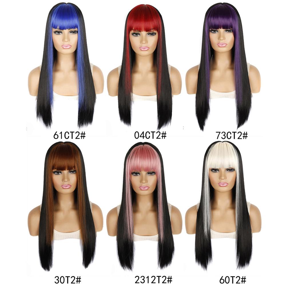 Long Hair Wig Whit Bangs Straight Hair Black Pink Blue Balayage Highlighted Color Modern Young Girl's Wigs