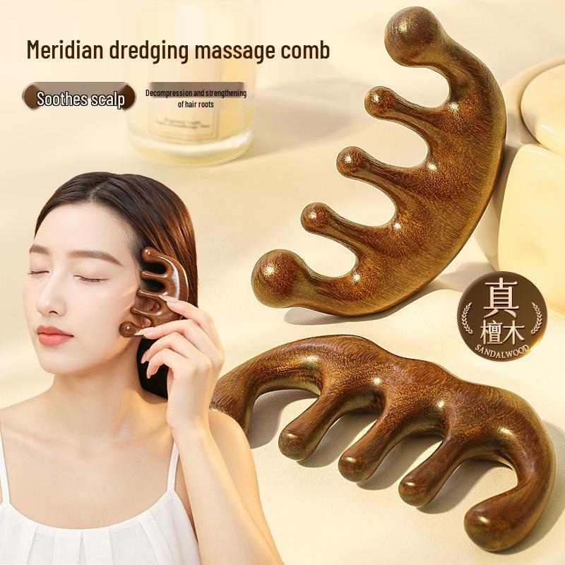Sandalwood 4-in-1 Scalp Massager: Gua Sha, Meridian Dredging, Follicle Care Comb