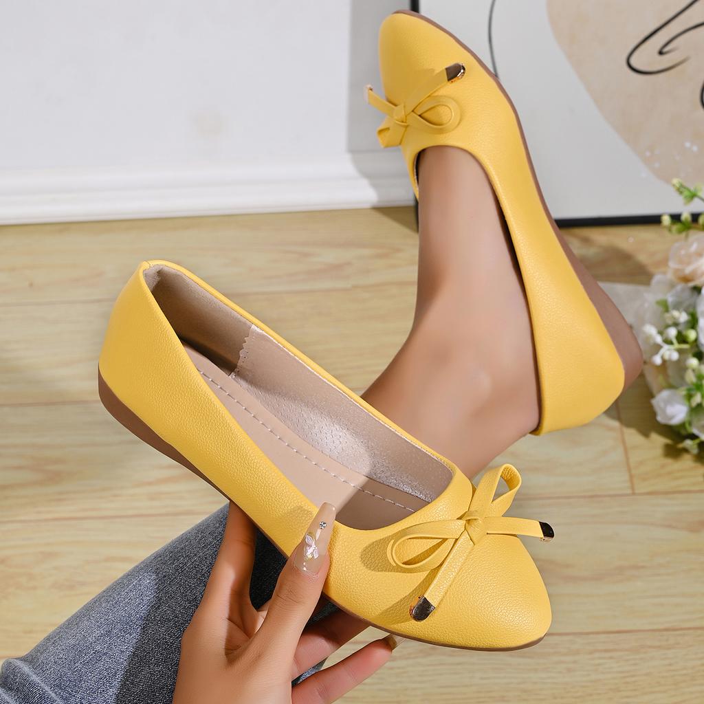 Scarpe Basse in Pelle con Fiocco Singolo, Bocca Stretta, Suola Spessa Morbida, Lati Morbidi, Tacco Basso Comodo