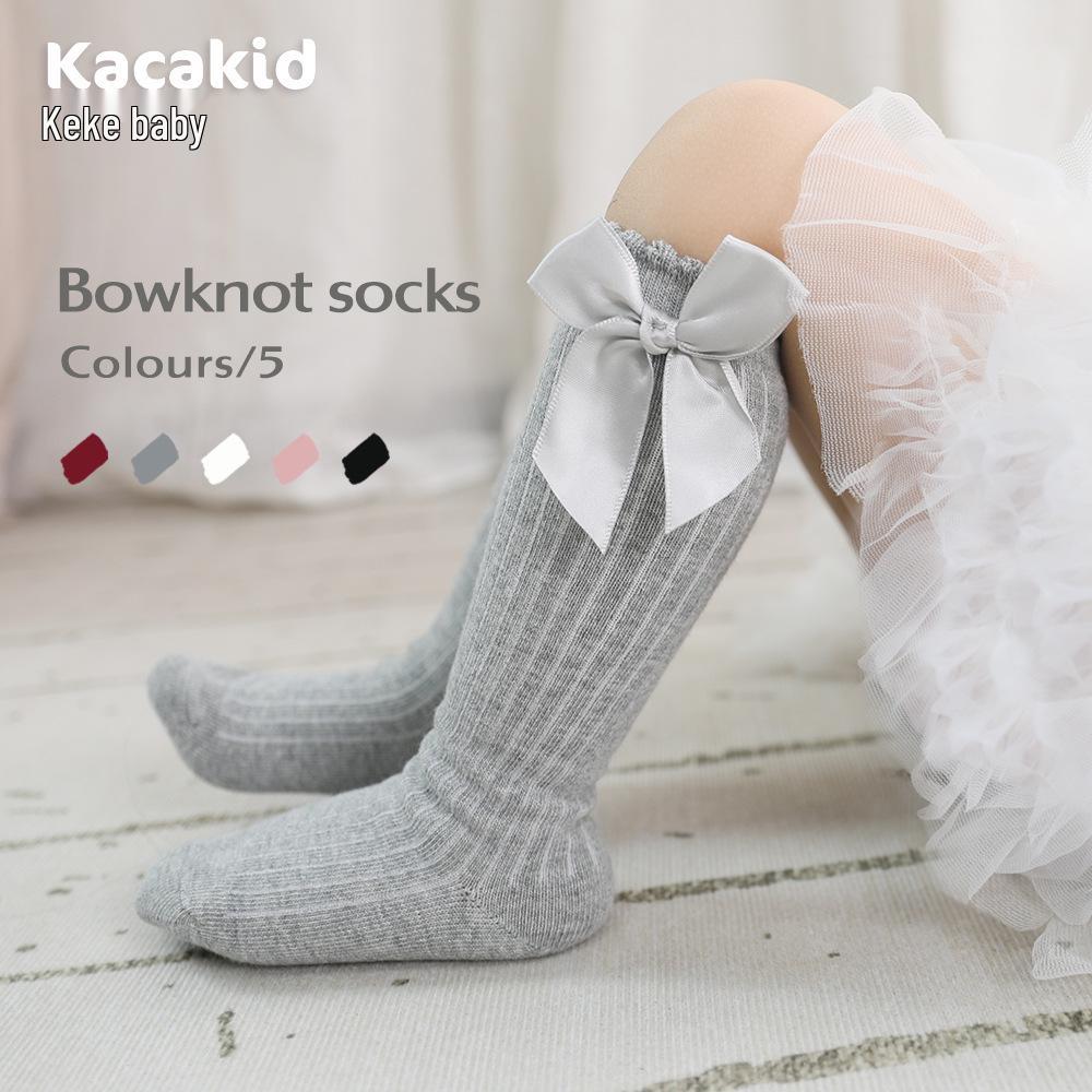 Girls' Bow Mid-Calf Cotton Socks - Cute Solid Colors for Spring & Autumn