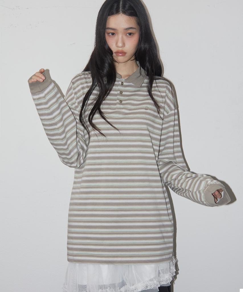 SOME PLACE Striped Multi-Stripe Oversized Long Sleeve Collared T-Shirt _2 Colors