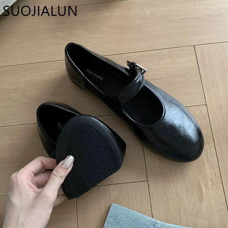 Fashion SUOJIALUN Spring New Women Flat Shoes Fashion Red Mary Jane Shoes Round Toe Ladies Ballerinas Shoes Shallow Slip On Dress Ballet
