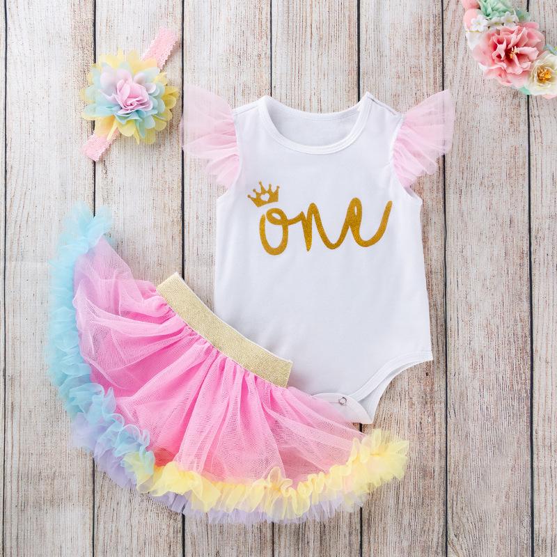 1st Birthday Outfit for Baby Girls: Sleeveless Romper, Skirt, and Bottoms Set