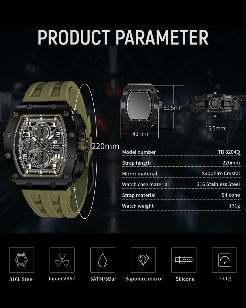 TSAR BOMBA Men's Tonneau Watch 50M Waterproof Classic Sapphire Crystal Silicone Strap Japanese Movement