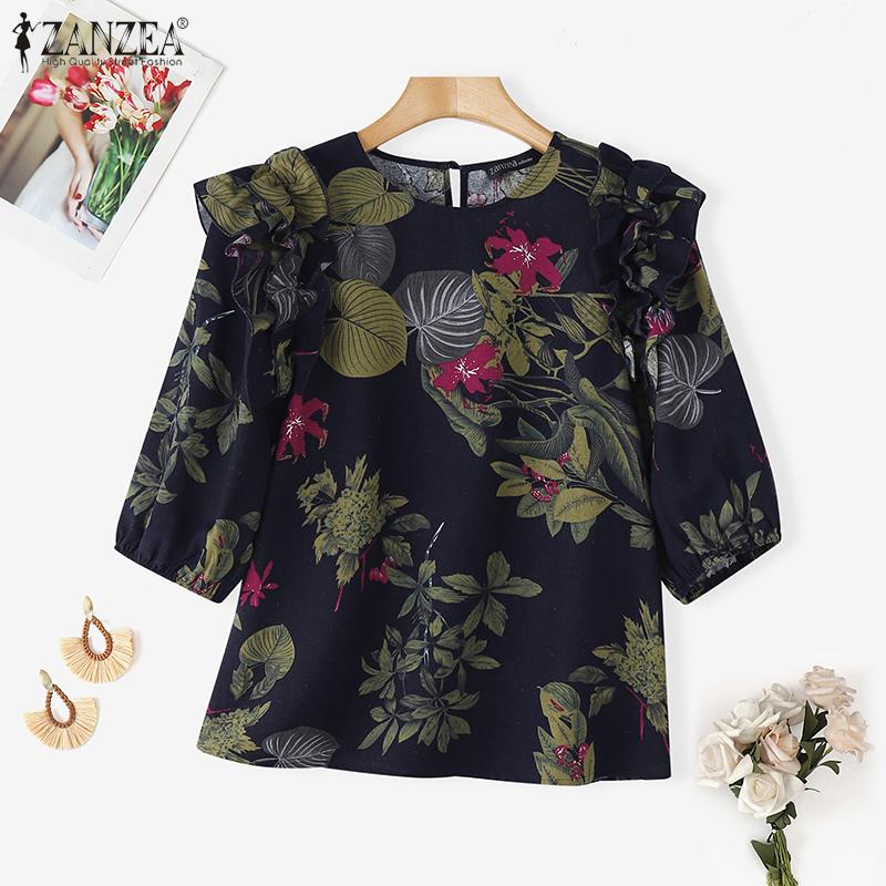 ZANZEA Women Summer Round Neck Casual Short Sleeve Floral Blouse