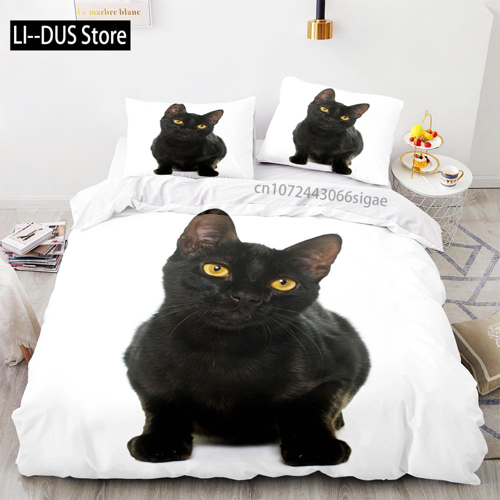 Svart katt Sängkläder Set Enkel Tvilling Full Queen King Size Söt katt Sängset Vuxen Barn Sovrum Påslakan Set 3D-tryck Husdjur 048