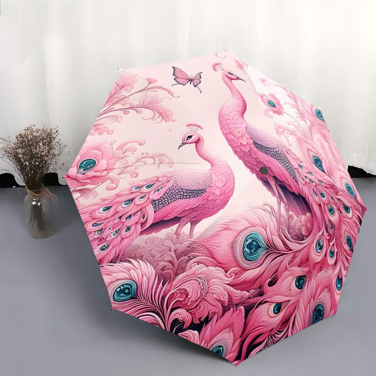 

Automatic Folding Umbrella with Pink Peacock Design - 8-Rib Durable Frame, Portable Collapsible, Elegant Floral Pattern for Ou Iron&8K