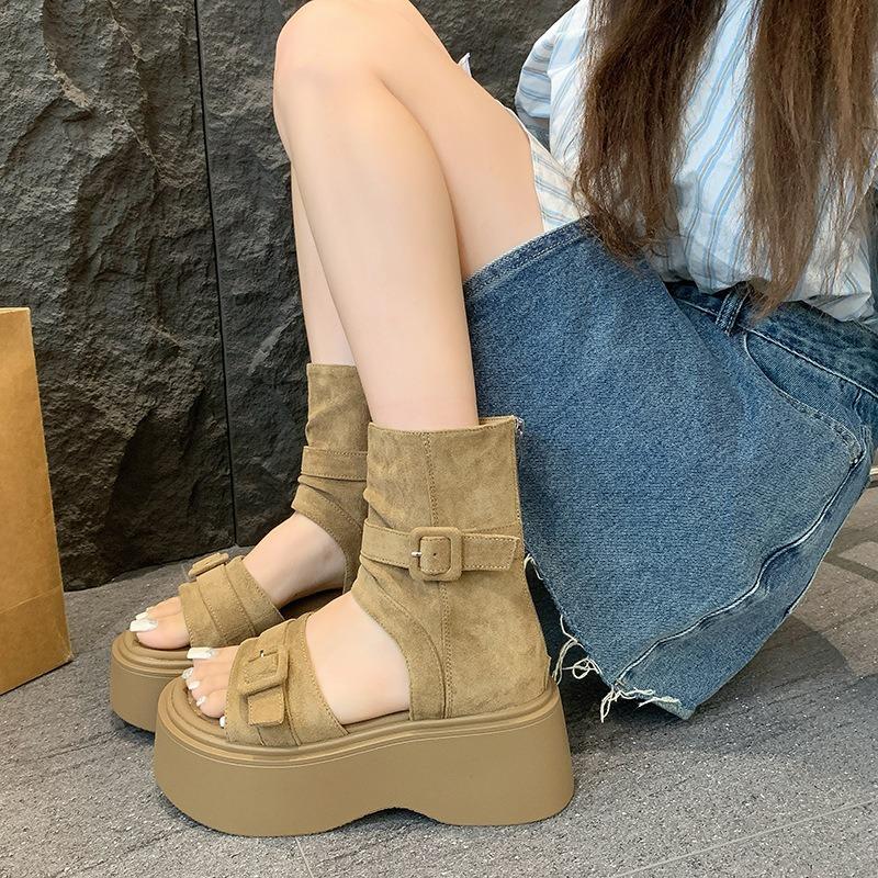 Set of toe thick-soled retro muffin-soled sandals women's summer round head fashion small medium tube cool boots women