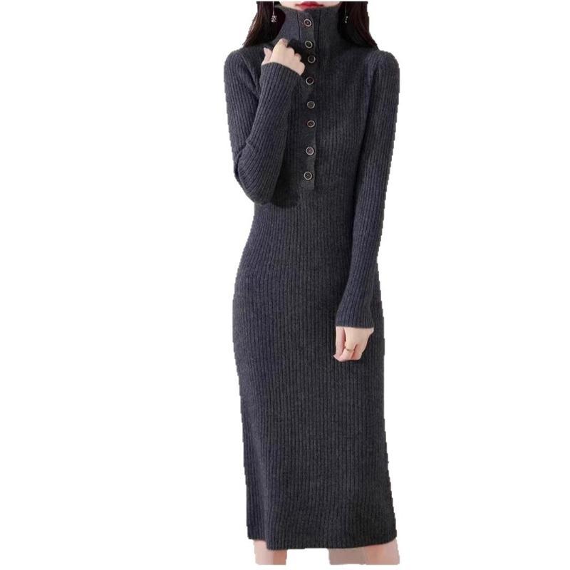 Autumn and Winter New Multi-button Lapel Knitted Dress, Feminine Temperament Slim-fitting Inside with Base Medium and Long Sweater Skirt