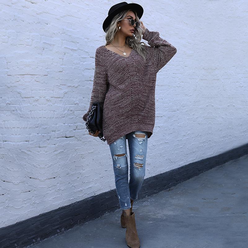 Vintage Fashion Elegant Casual Autumn Women's Mid-length Mixed Color Long-sleeved Loose V-neck Sweater
