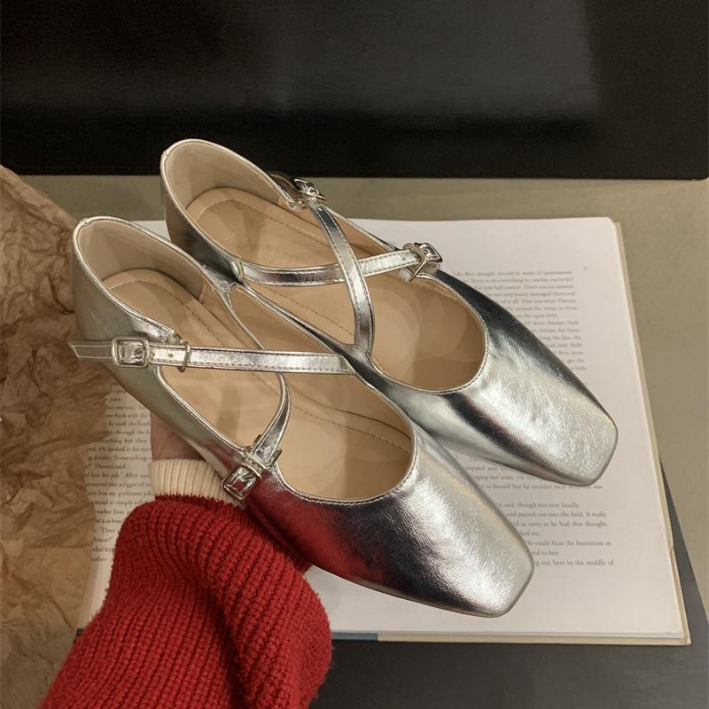 Fashion SUOJIALUN Spring New Women Flat Shoes Fashion Gold Ladies Round Toe Sahllow Ladies Elegant Mary Jane Shoes Soft Dress Ballerinas