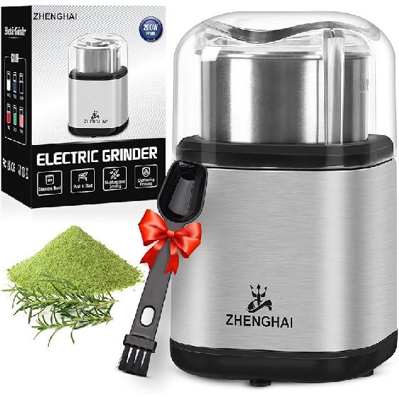 Electric Herb Grinder 200w Spice Grinder Compact Size, Easy On/Off, 2.8oz capacity. Fast Grinding for Flower Buds Dry Spices Herbs, with Cleaning Stainless steels