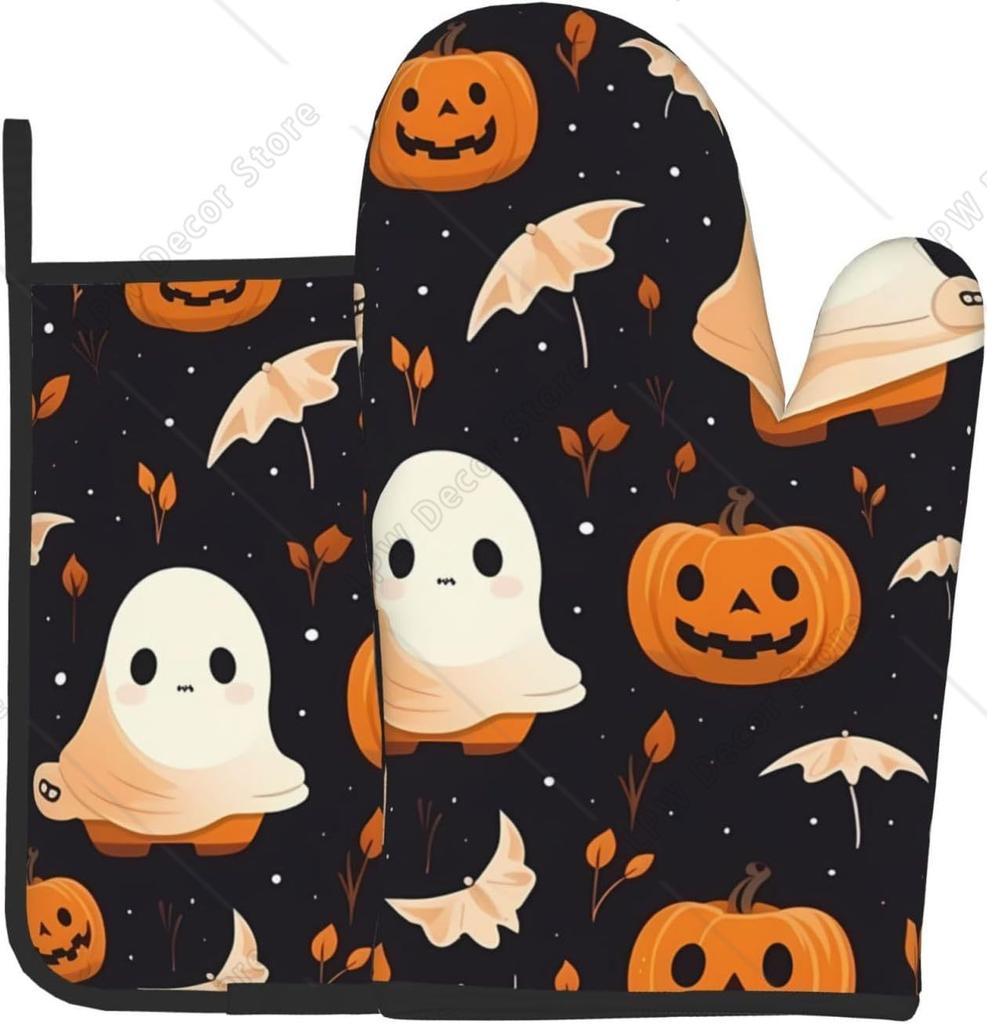 Halloween Themed Oven Mitts and Pot Holders Set Ideal for Baking Cooking and BBQ