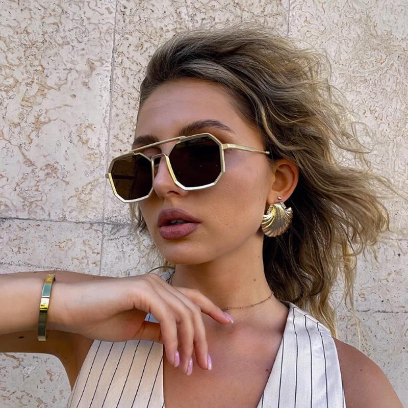 1/2pcs New Double Beam Metal Large Frame Polygon Sunglasses Fashion Women Men Sun Glasses Black Brown Mirror Eyewear UV400