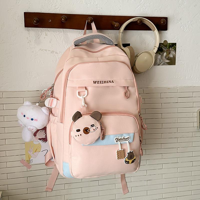 Color Solid Simple Letter Pattern Student Backpack With Decoration Pendant