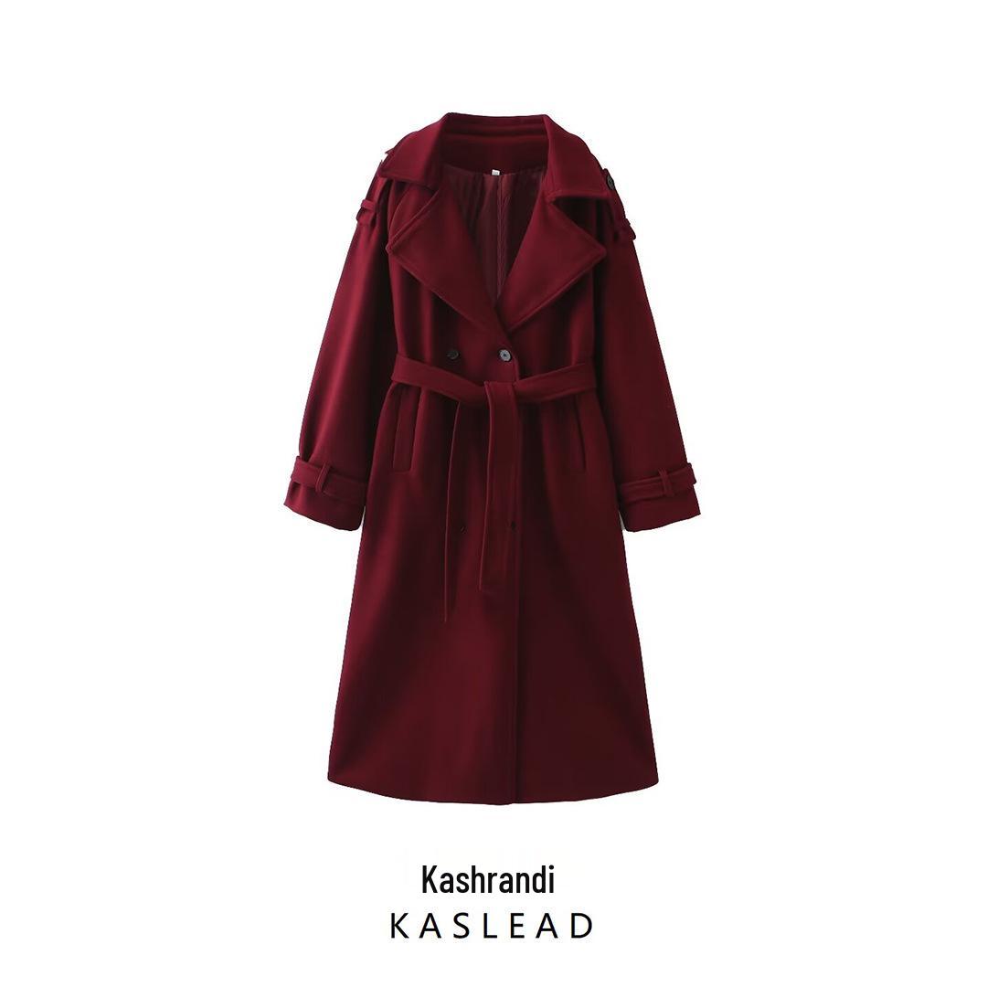 

2024 Пальто женское шерстяное в европейском и американском стиле с поясом - Модное, простое и универсальное пальто с отложным воротником S